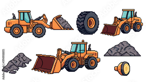 Pixel art construction equipment set with bulldozers and excavator