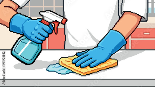 Pixel art cleaning: hands with spray bottle and sponge in kitchen