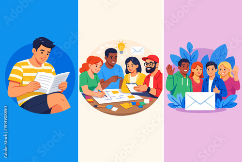Digital Marketing Vector Triptych: Reading, Team Brainstorming, and Community Communication Concepts