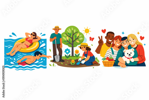 Diverse Group Enjoying Summer Leisure Activities: Swimming, Gardening, and Friends Socializing. Vector illustration of outdoor hobbies and recreation.