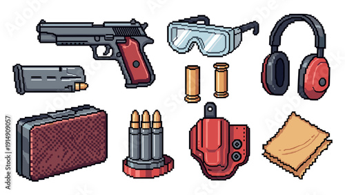 Pixel art shooting range supplies: weapons, ammo, and gear set
