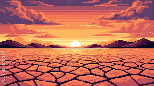 Pixel art sunset over cracked desert landscape with mountains and vibrant sky