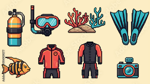 Pixel art: scuba diving gear with fish, coral, and camera