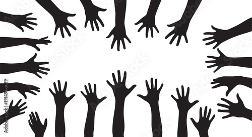 Black silhouettes of raised hands on white background 1