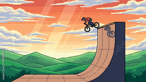 Pixel art bmx jumping on ramp with scenic mountain sunrise background