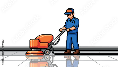 Janitor operating floor scrubber in detailed pixel art style