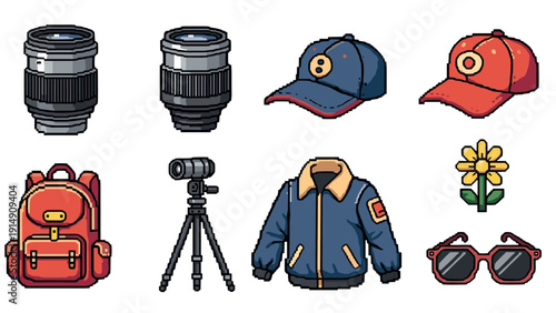 Pixel art accessories and equipment featuring cameras, apparel, and nature elements