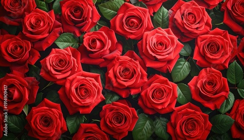 A captivating display of vibrant red roses in full bloom, arranged in a beautiful floral pattern with lush green leaves.