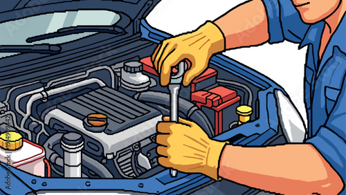 Mechanic fixing engine with socket wrench in pixel art style