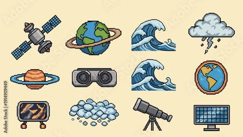 Pixel art space and weather icons: planets, waves, telescope, and more