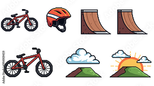 Pixel art bmx and skatepark elements with nature scene