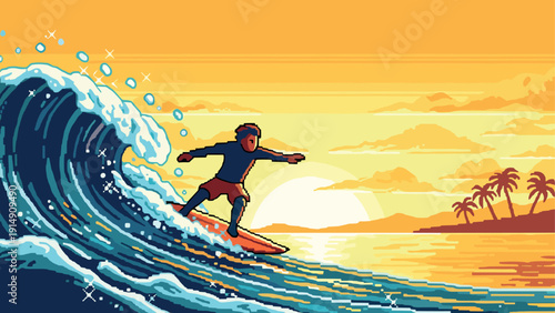 Pixel art surfer riding waves at sunset on an ocean adventure