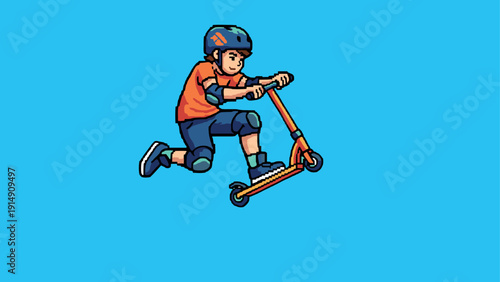 Pixel art youth scooter stunt against blue sky