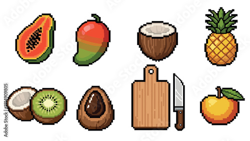Pixel art tropical fruits and kitchen set: papaya, mango, coconut, pineapple, kiwi, avocado