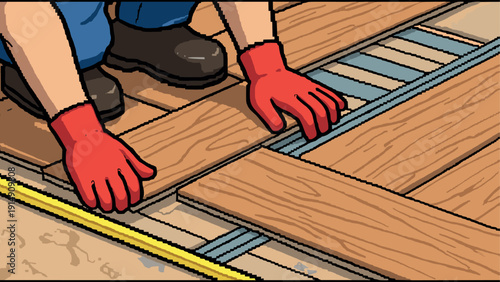 Detailed cartoon style image of hands installing wood flooring with tools