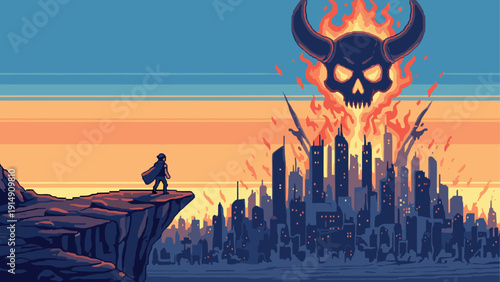 Retro pixel art of caped hero facing flaming skull over city skyline at sunset