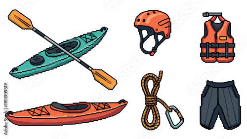 Retro pixel art kayaking adventure gear set featuring kayaks helmets and accessories