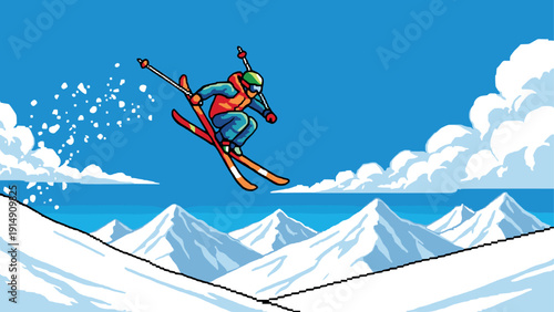 Retro pixel art of skier jumping in snowy mountain landscape