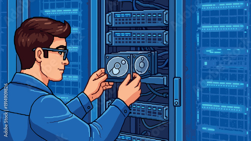 Technician installing servers in data center in retro pixel art style