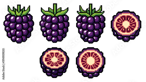 Pixel art berries and citrus fruit slices with detailed texture for retro designs
