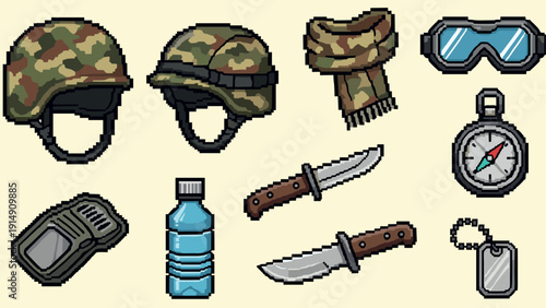 Pixel art military gear: helmets, knives, compass, and more