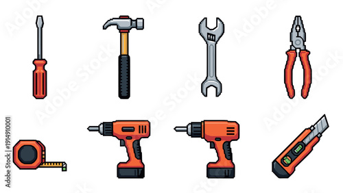 Pixel art toolset: screwdriver, hammer, wrench, pliers, drill, tape measure, cutter