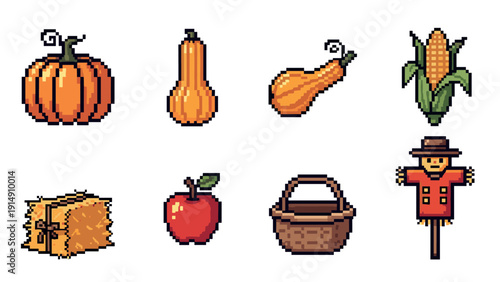 Autumn harvest pixel art: pumpkins, corn, apples, and more