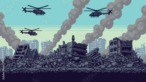 Pixel art scene of helicopters over ruins with lone figure in urban landscape