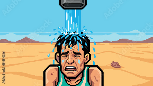 Pixel art man cooling off under faucet in desert heat