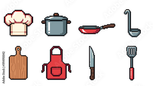 Pixel art cooking essentials: chef hat, cookware, utensils, and apron collection