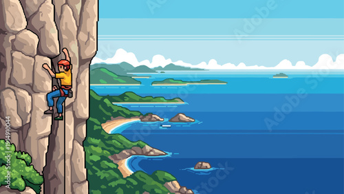 Pixel art rock climber ascends coastal cliff with ocean view
