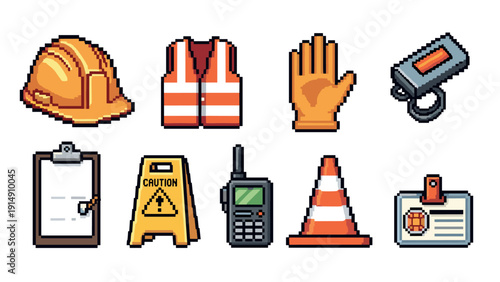 Pixel art construction safety icons set featuring helmet, vest, and tools