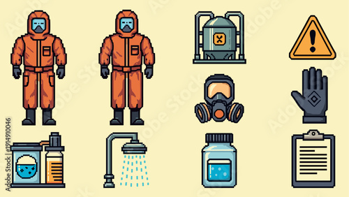 Pixel art hazmat equipment and safety icons set for hazardous situations