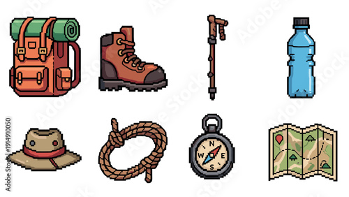 Pixel art outdoor adventure gear: backpack, boots, compass, and more