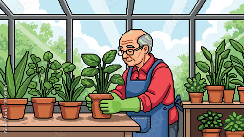 Gardening enthusiast in greenhouse with lush plants in retro art style