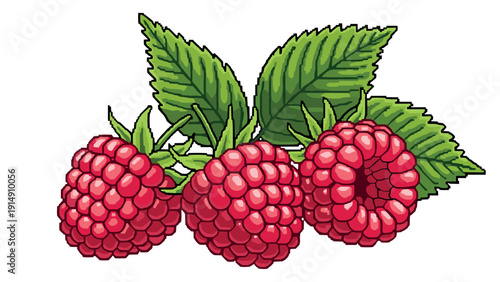 Pixel art raspberries and leaves on white background