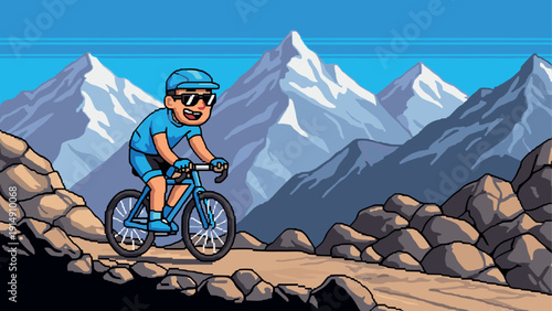 Pixel art cyclist riding through a mountain landscape