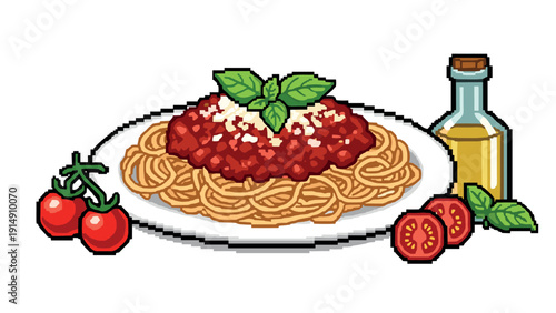 Pixel art pasta with tomato and basil garnish on plate