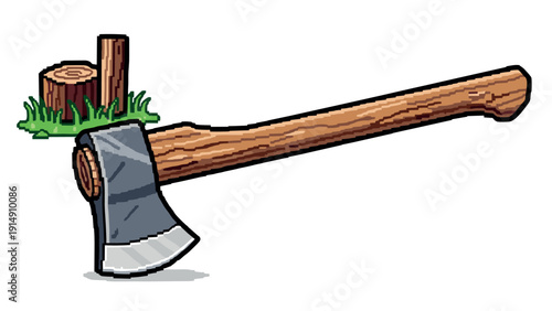 Pixel art axe and tree stump in rustic outdoor scene