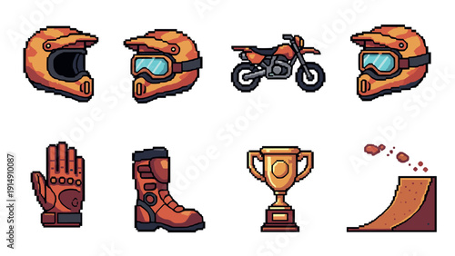 Retro pixel art motocross icons: helmets, bike, gear, and trophy