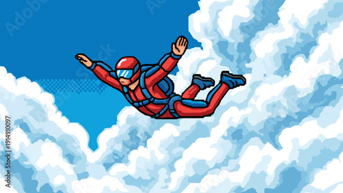 Pixel art skydiver in red suit soaring through clouds with blue skies
