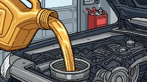 Retro pixel art: pouring oil into car engine in a garage setting