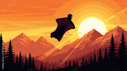Sunset wingsuit adventure over majestic mountain landscape in pixel art style