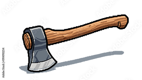 Pixel art axe with wooden handle and metal blade on white background