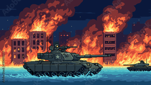 Pixel art tanks in fiery urban landscape at night