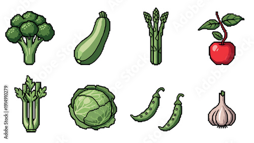Pixel art vegetables: retro style broccoli, zucchini, asparagus, cabbage, peas, cherry, celery, garlic