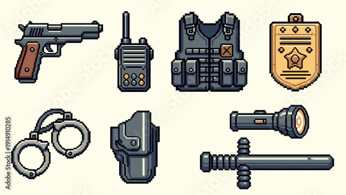 Pixel art police gear set: accessories and equipment collection