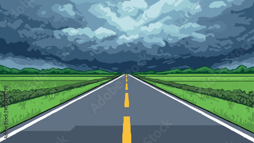 Pixel art dramatic storm clouds over open road