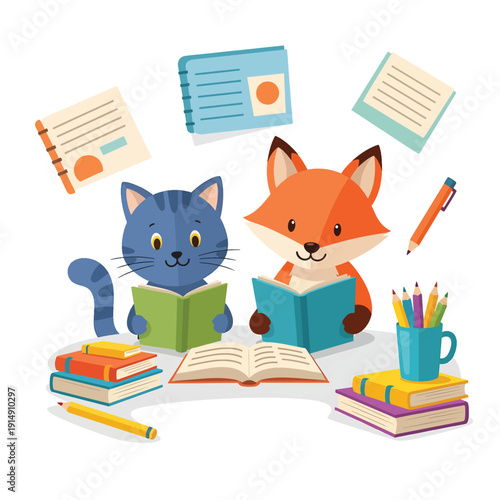Cartoon Cat and Fox Reading Together