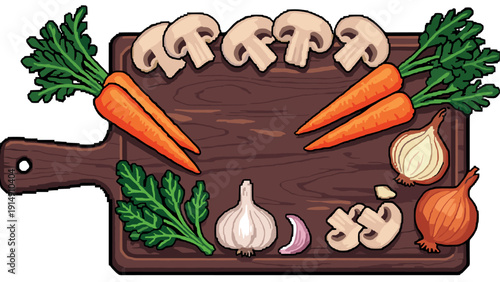 Pixel art cutting board with fresh vegetables and mushrooms